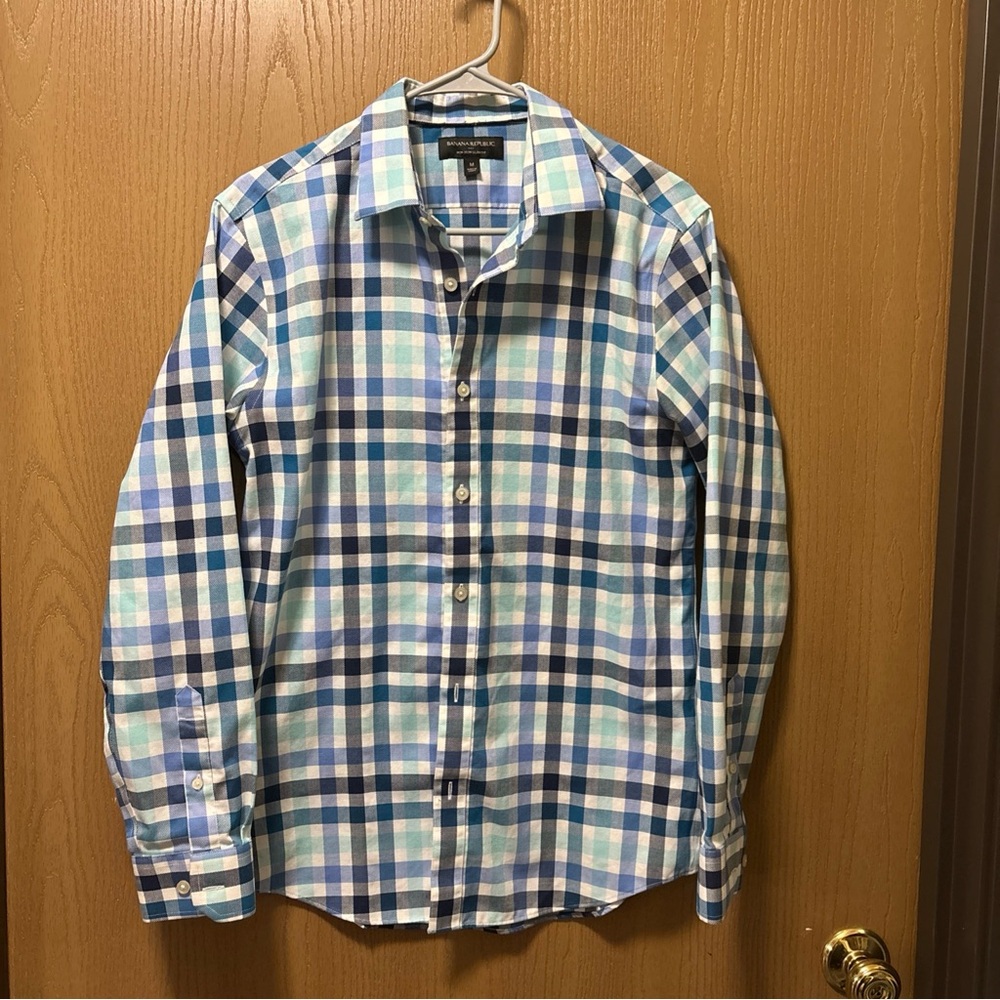 🇺🇲 Banana Republic Mens M 15.5x34 Blue White Check Non-iron Slim Fit‎ Shirt